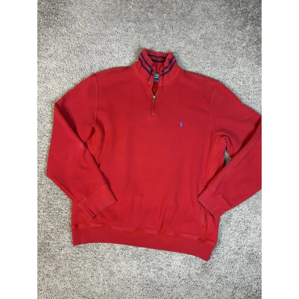 Polo Ralph Lauren Sweater Mens L Red 1/4 Zip Mock Neck Cotton Acrylic Pullover